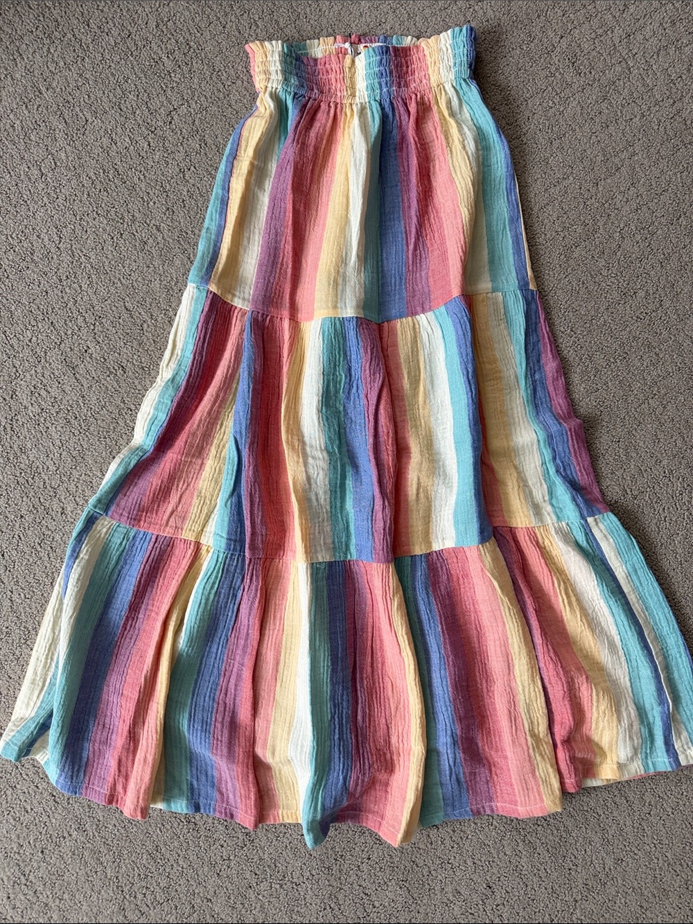 Marine Layer Colorful Stripe Tiered Maxi Skirt in Pink, Blue, Yellow, Cream